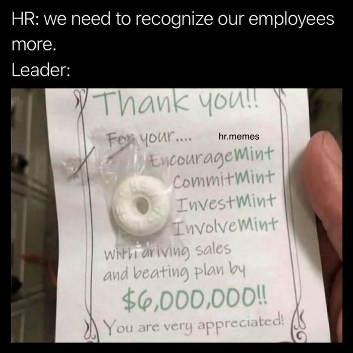 Hand holding a thank you note with mint candy, highlighting employee recognition and HR work memes humor.