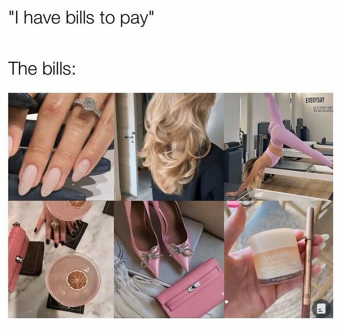 Hands with manicured nails, styled blonde hair, pink shoes and bag, makeup products, and a Pilates workout scene.