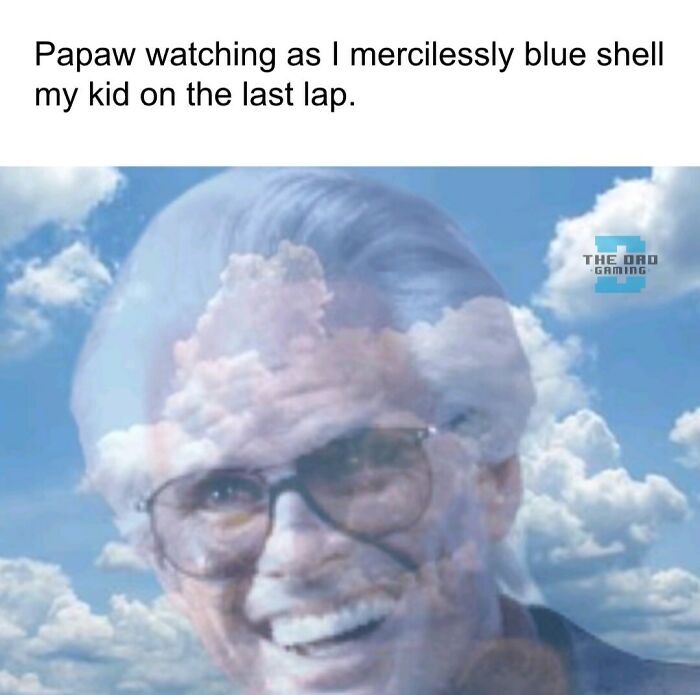 Older man smiling with glasses and blue sky overlay, capturing the humor in memes for dads who just want to game in peace.
