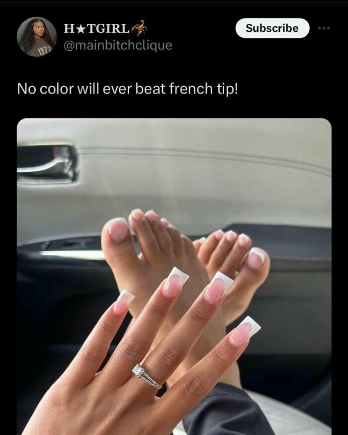 Hands and feet with French tip nails showcased inside a car, highlighting makeup, fashion, and diva life style.