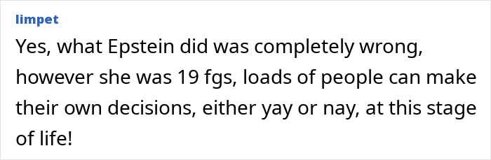 Text comment on a forum discussing Epstein's actions and personal decisions at age 19, related to Paris Hilton controversy. Text comment on a forum discussing Epstein's actions and personal decisions at age 19, related to Paris Hilton controversy.