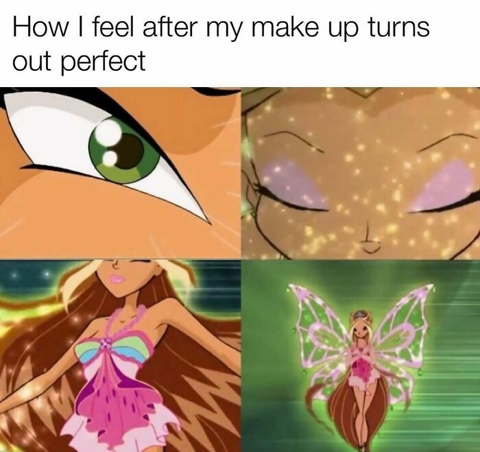 Cartoon character feeling confident and magical after perfect makeup, highlighting makeup fashion and diva life memes.