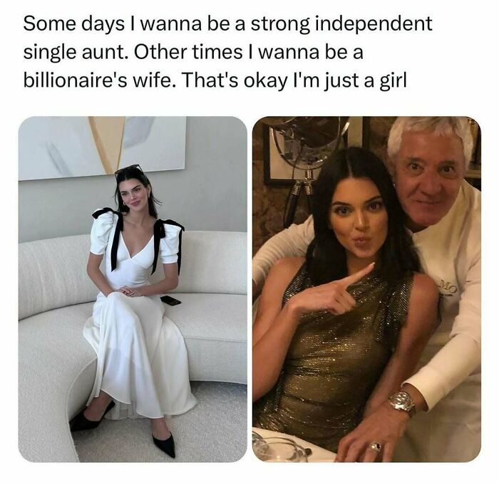 Woman in elegant white dress and another in shimmering outfit posing, highlighting fashion and diva life humor with makeup memes.
