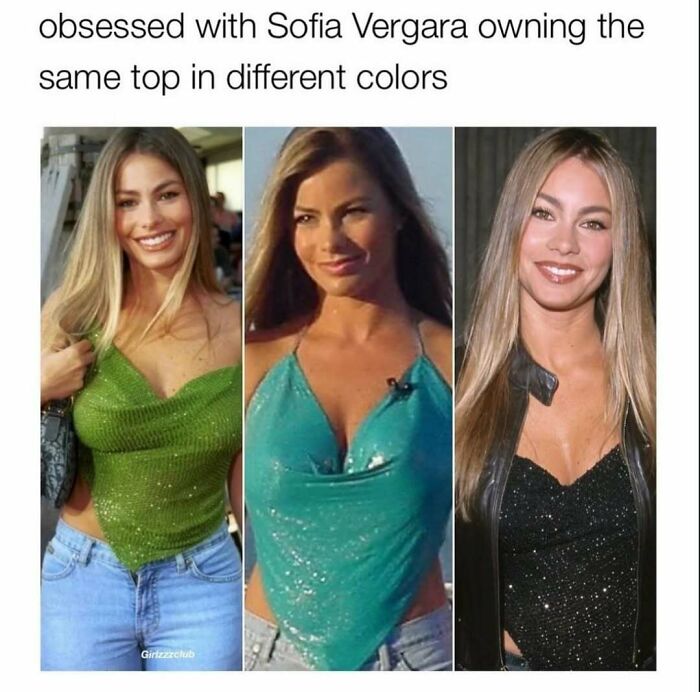 Three images of Sofia Vergara wearing the same sparkly top in green, blue, and black, showcasing makeup and fashion style.