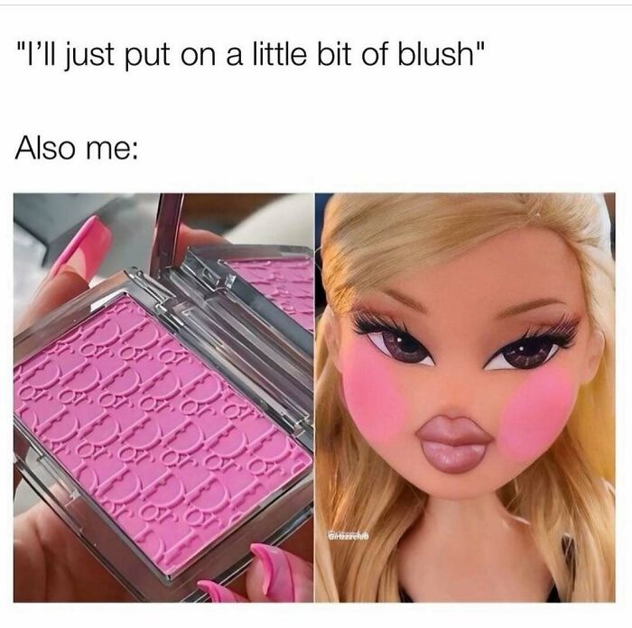 Close-up of pink blush makeup and a doll with exaggerated makeup, highlighting makeup, fashion, and diva life memes.