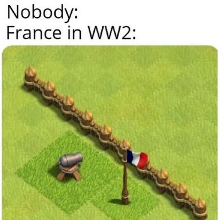 Meme showing a weak defense with a single cannon and flag, referencing hilarious history memes about France in WW2.