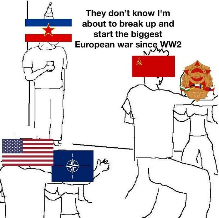 History meme showing countries personified by flags with text about starting the biggest European war since WW2.