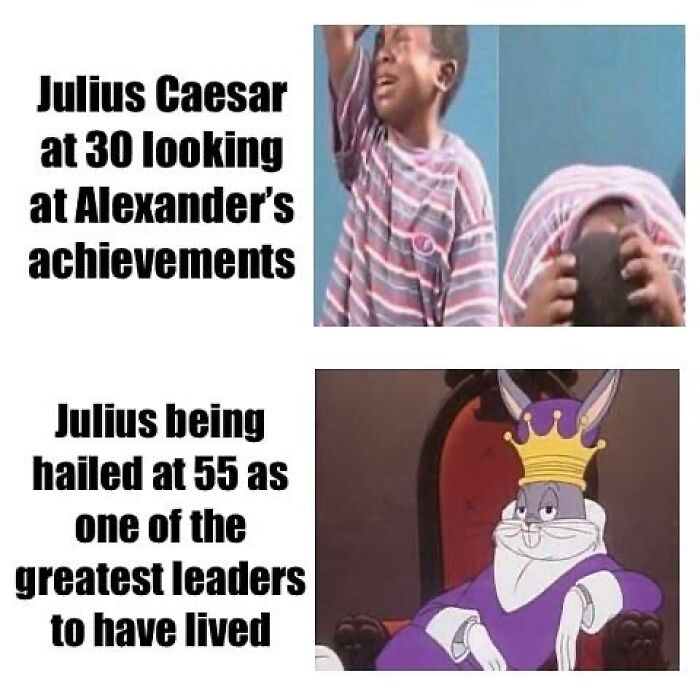 Boy frustrated and then Bugs Bunny with a crown, illustrating Julius Caesar’s rise, humor in hilarious history memes.