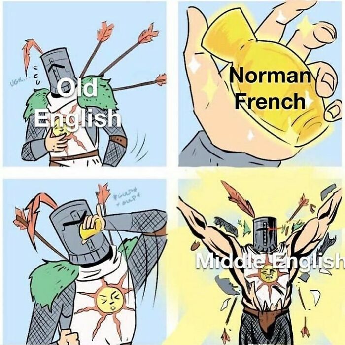 Medieval knight meme showing Old English hit by arrows, Norman French potion, transforming into strong Middle English, illustrating hilarious history memes.