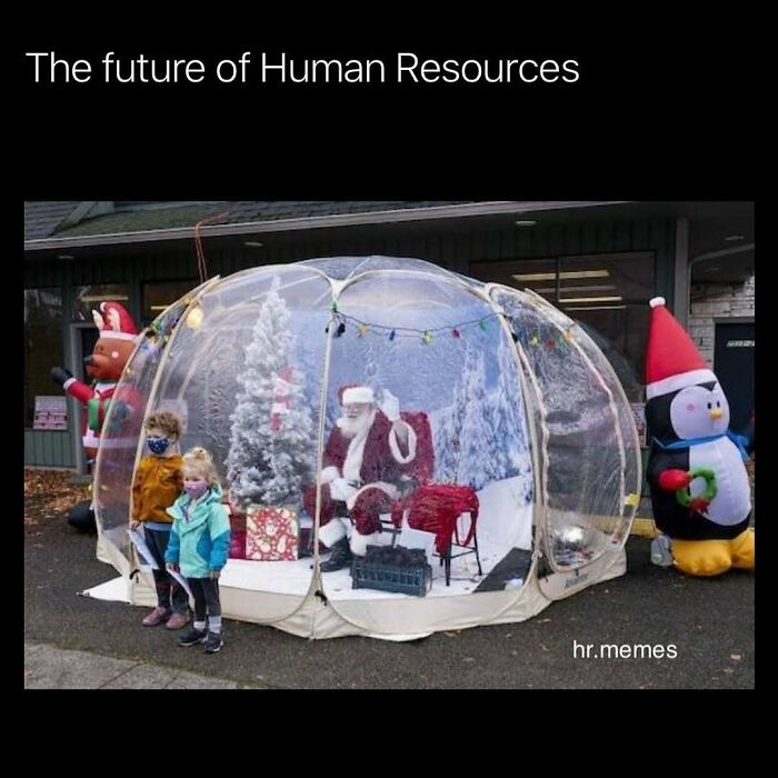 Santa Claus inside a clear dome with children outside, illustrating chaos of working in human resources humorously.