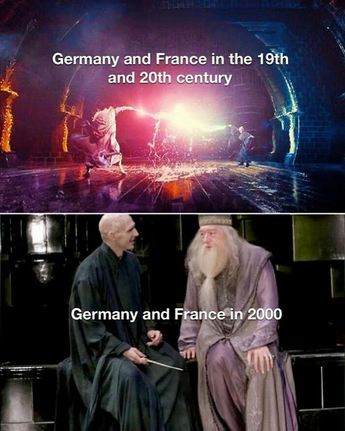 Scene from a history meme showing Germany and France fighting in the 19th and 20th century versus friendly in 2000.