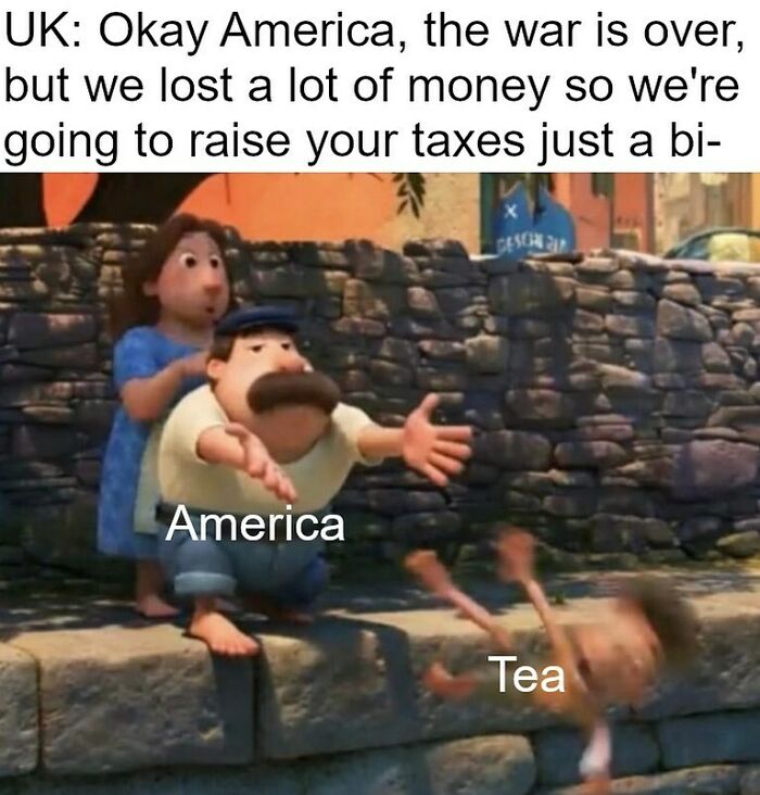 Animated meme with characters labeled America and Tea, referencing historic tax issues in a humorous history meme style.