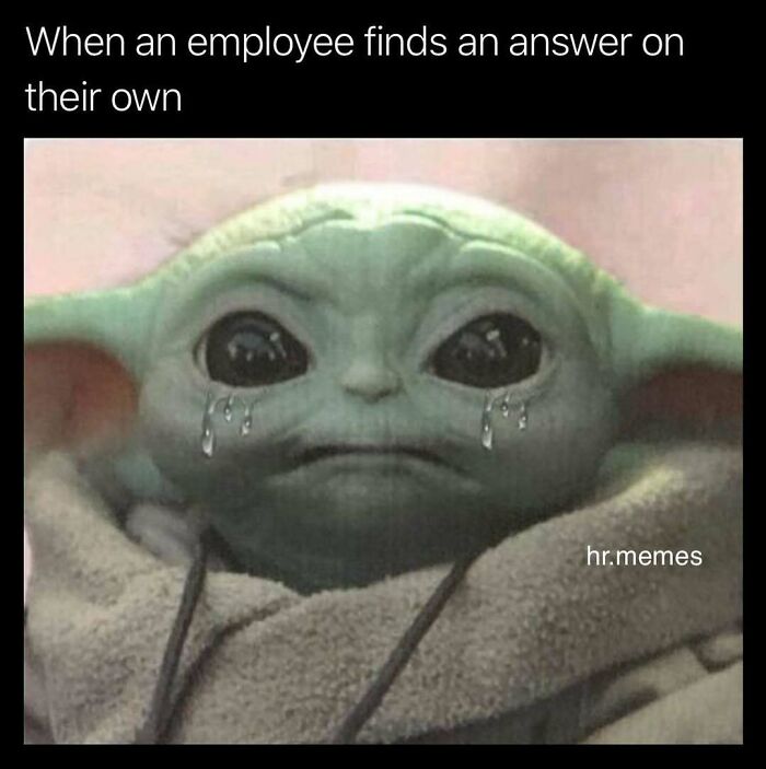 Baby Yoda crying with text about an employee finding answers alone, illustrating chaos of working in human resources memes.