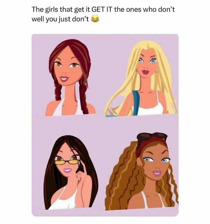 Cartoon illustrations of four fashionable women with different hairstyles, representing makeup, fashion, and diva life memes.