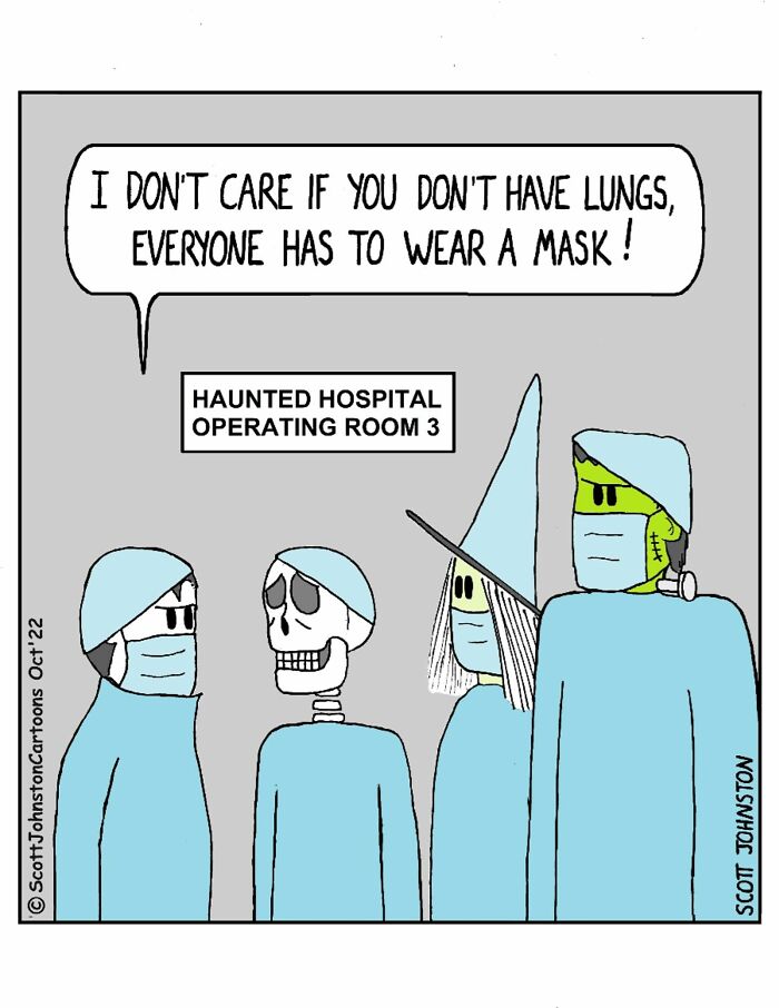 Funny cartoon showing masked medical staff and skeleton in a haunted hospital operating room, highlighting humor and safety.