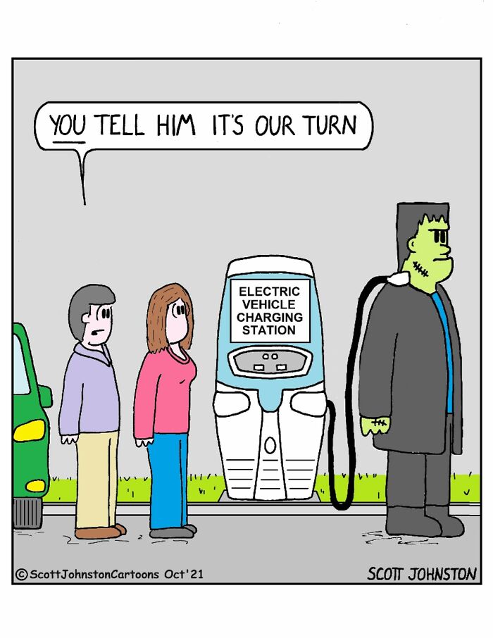 Funny cartoon showing people waiting at an electric vehicle charging station with Frankenstein plugged in.