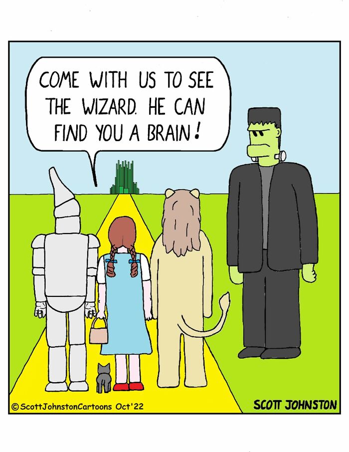 Funny cartoon of Wizard of Oz characters inviting Frankenstein to see the wizard in a bright, simple landscape setting.