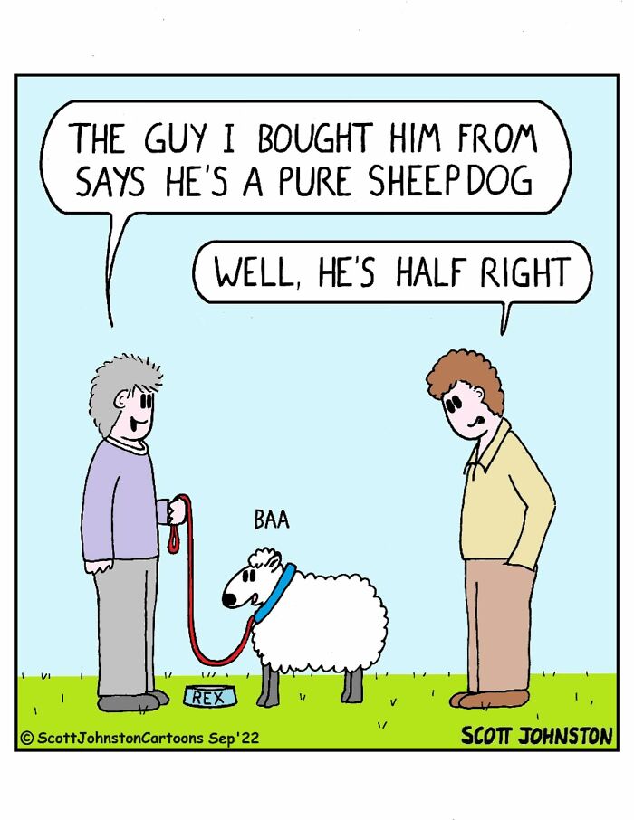 Funny cartoon of a man with a half sheep, half dog pet wearing a collar labeled Rex, humor brightening the day.