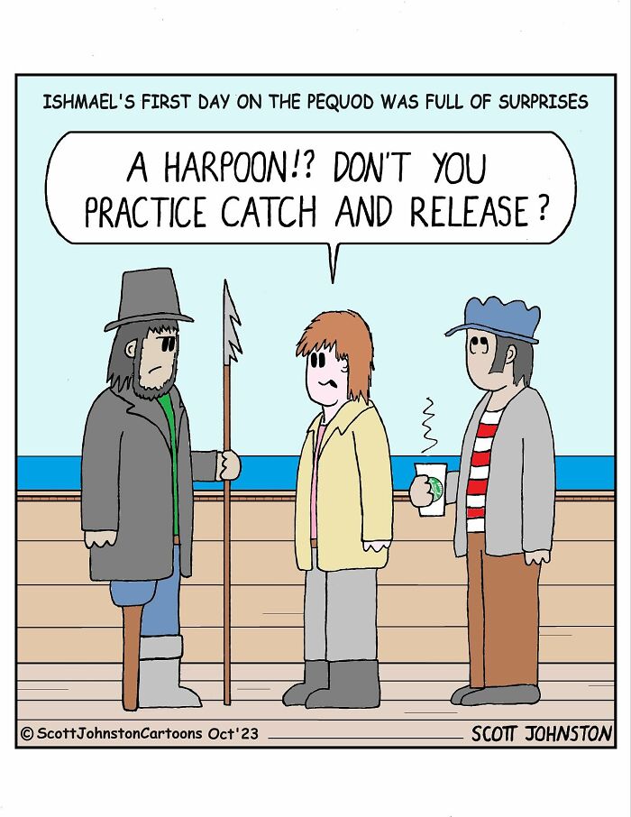 Cartoon showing three men on a ship deck with a harpoon, illustrating a funny cartoons scene about catch and release.