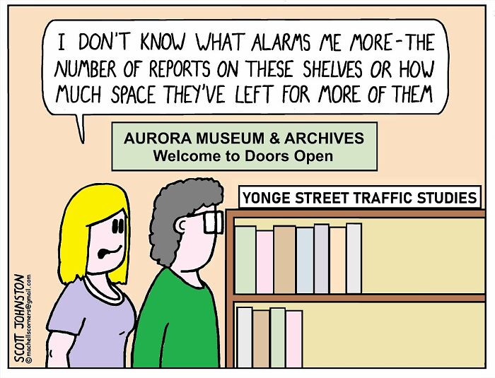 Two characters in a funny cartoon discussing space left on shelves at a museum archive, highlighting humorous observation.