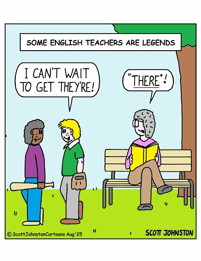 Cartoon showing funny English teacher correcting grammar mistake between two boys playing baseball outdoors.