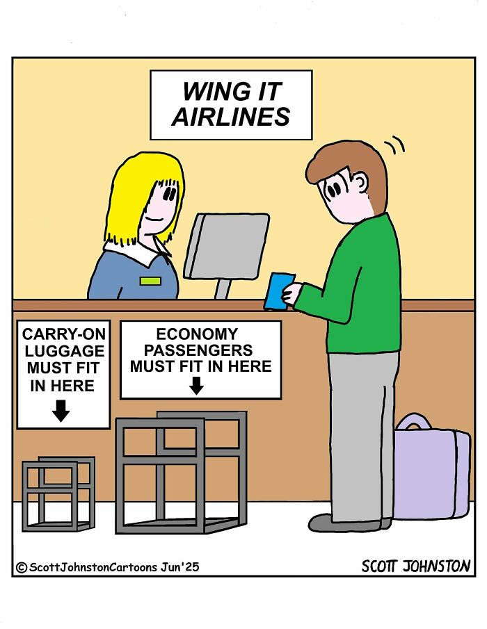 Cartoon of a man at Wing It Airlines counter with signs showing luggage and economy passenger must fit in small boxes.