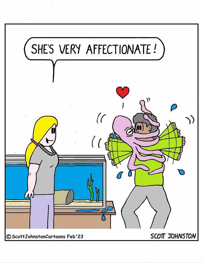 Funny cartoon showing an octopus affectionately hugging a person, with another person commenting on the affection.