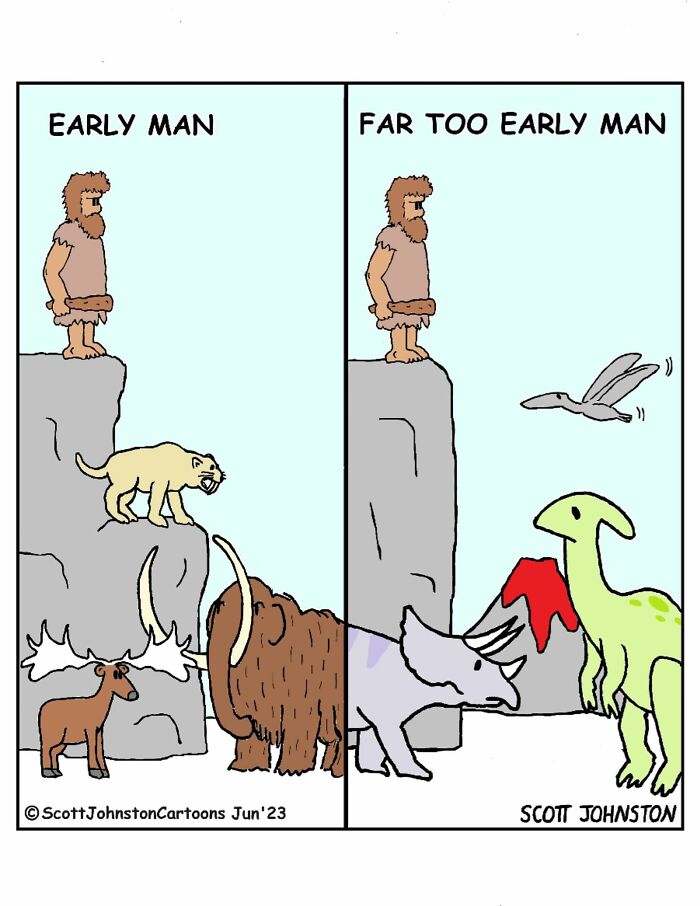 Cartoon comparing early man with prehistoric animals and far too early man with dinosaurs in a funny cartoon style.