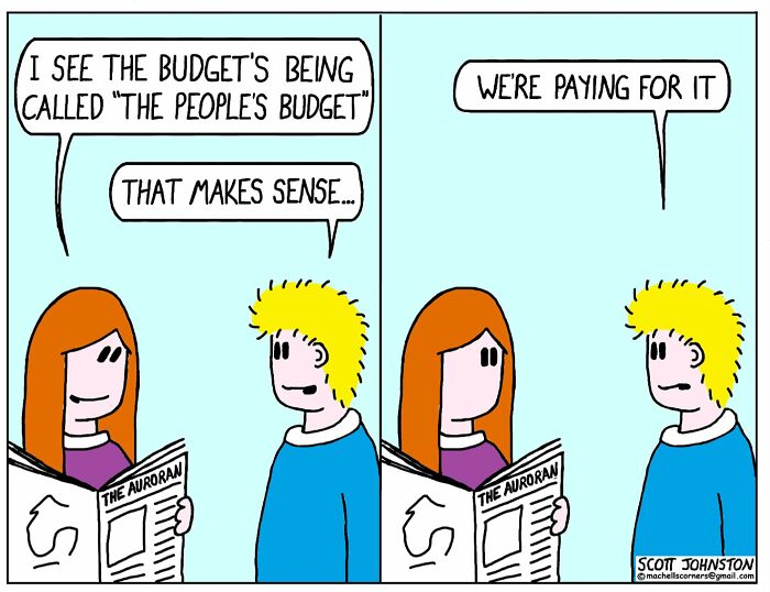 Two cartoon characters discuss a budget called "the people's budget" in a funny cartoon strip.