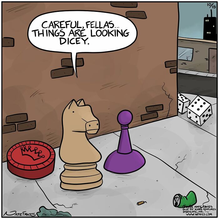 Chess knight and purple p**n cartoon characters talk beside a wall with dice and game pieces in a witty comic by Nate Fakes.