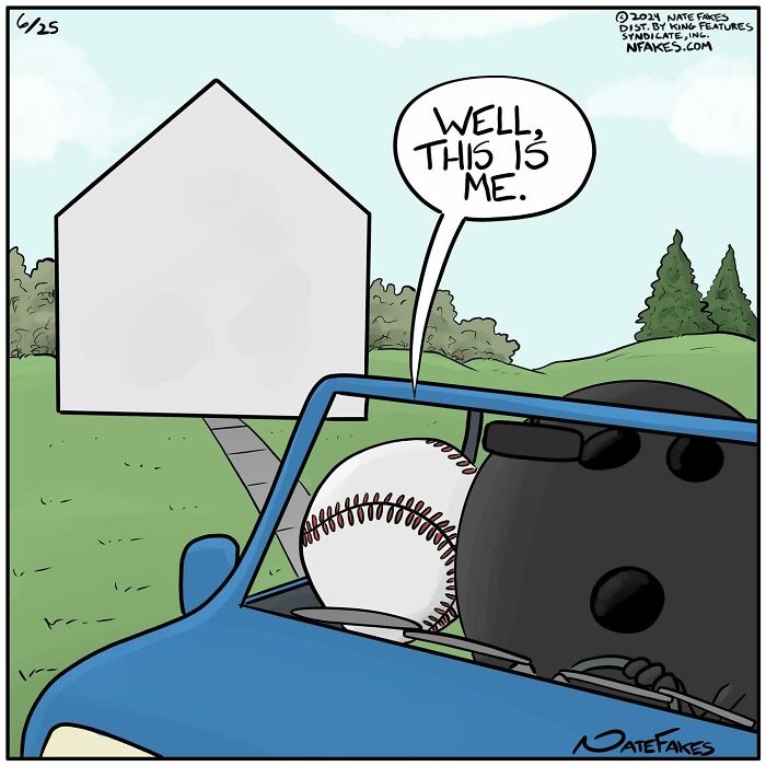 Baseball and bowling ball characters in a car, one saying well this is me in a witty comic by Nate Fakes.