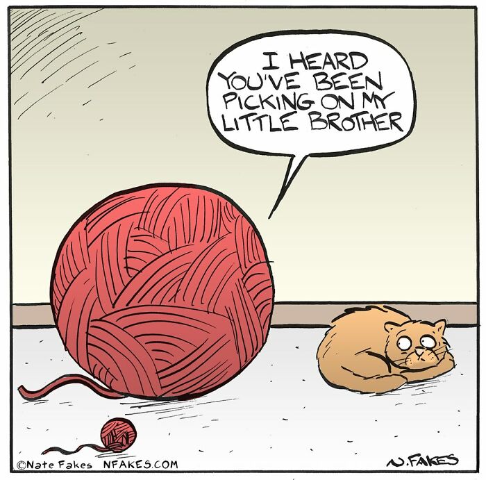Comic by Nate Fakes showing a giant yarn ball confronting a cat about picking on its little brother, illustrating life’s absurdities.