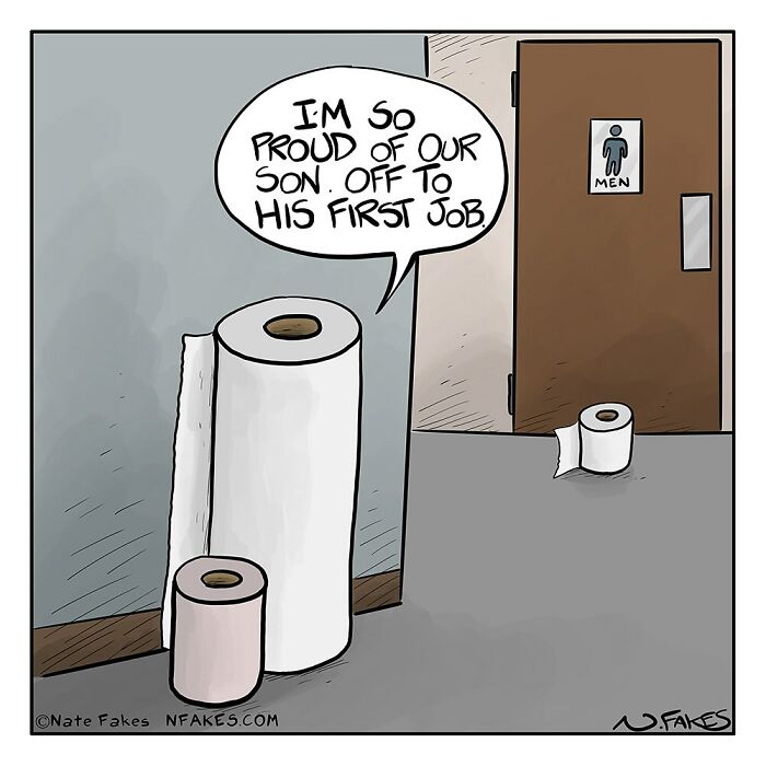 Toilet paper roll comic by Nate Fakes showing a small roll leaving for its first job at the men's restroom, witty life humor.