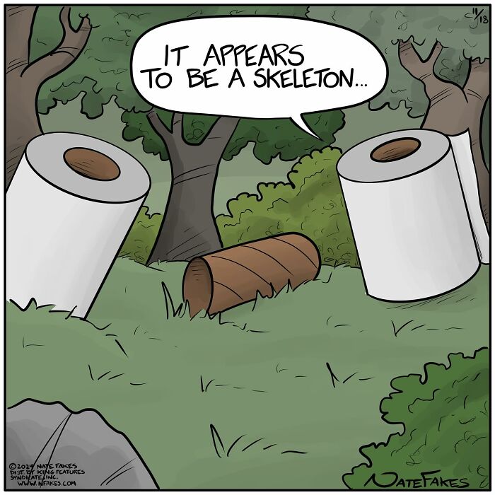 Comic by Nate Fakes showing toilet paper rolls and a log in a forest humorously captioned about a skeleton.