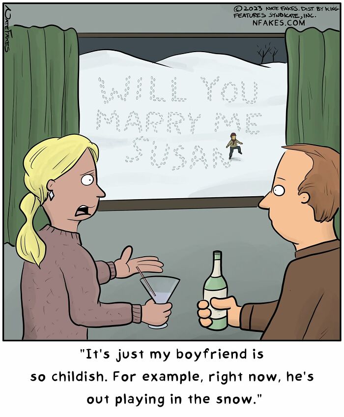 Couple inside looking out window at snowy marriage proposal spelled in snow, comic by Nate Fakes about life’s absurdities.