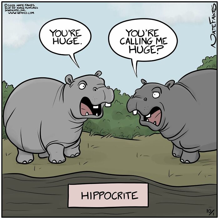 Two hippos in a witty comic by Nate Fakes, humorously calling each other huge with a pun on hypocrite.
