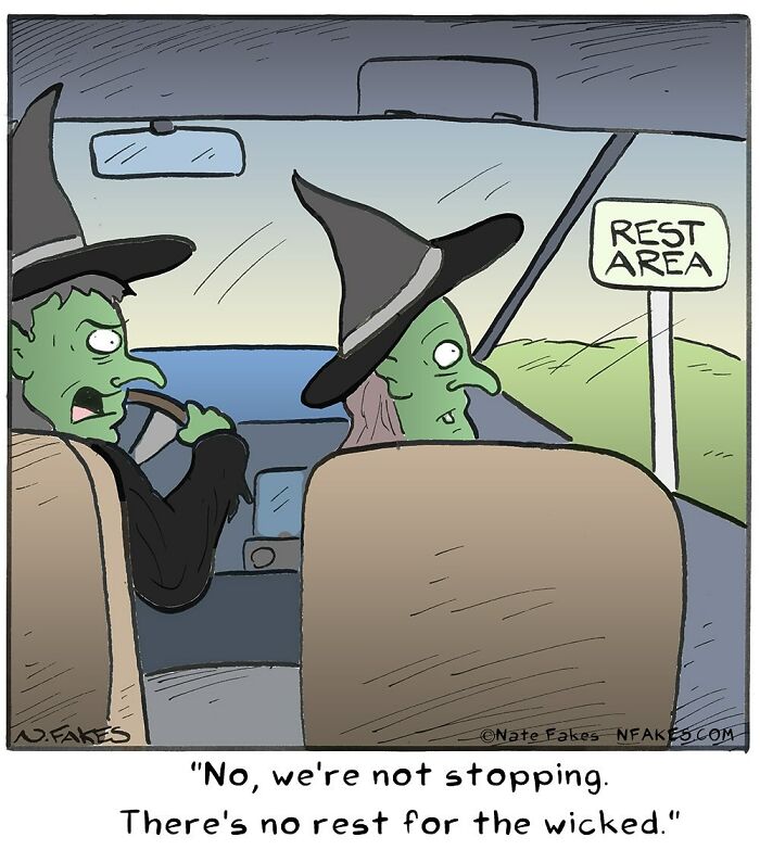 Two witches in a car near a rest area sign in a comic by Nate Fakes illustrating life’s absurdities.