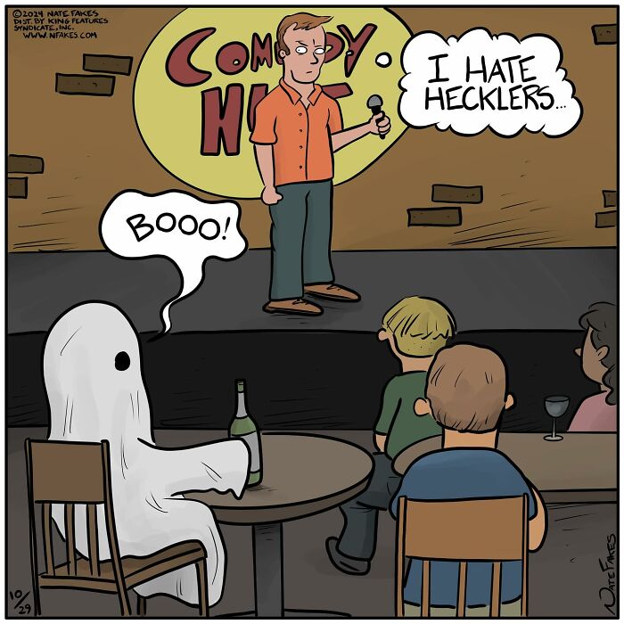Comic scene by Nate Fakes showing a ghost heckling a stand-up comedian who hates hecklers.