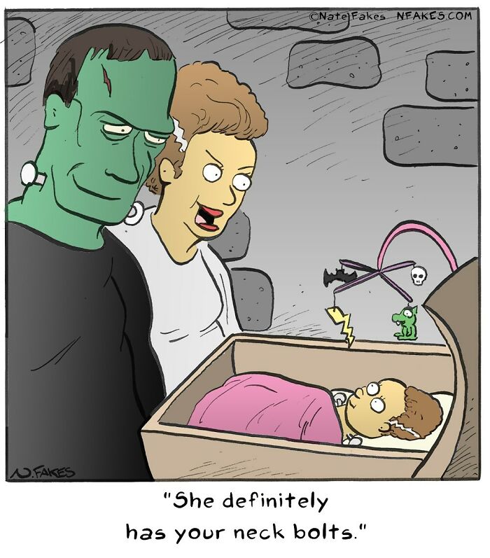 Cartoon by Nate Fakes showing Frankenstein parents looking at a baby in a coffin with a humorous twist on neck bolts.