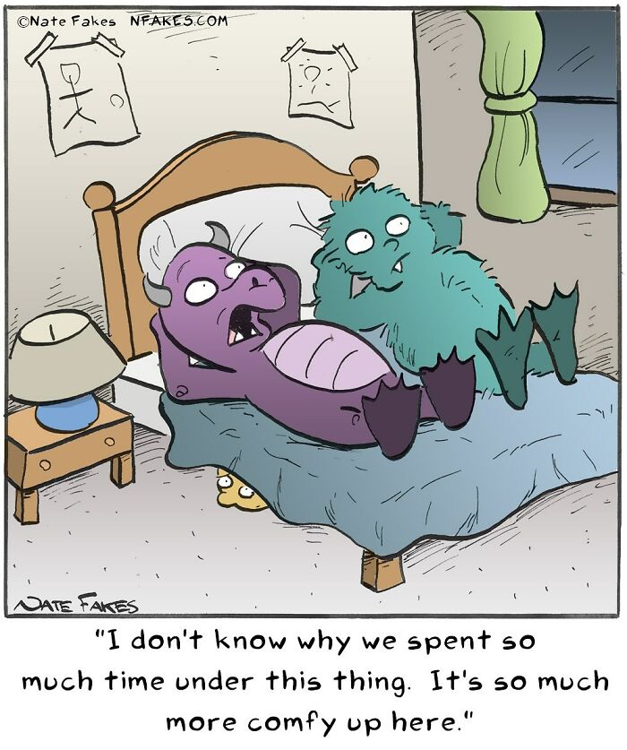 Comic by Nate Fakes showing two monsters lying on a bed, humorously discussing comfort and life’s absurdities.