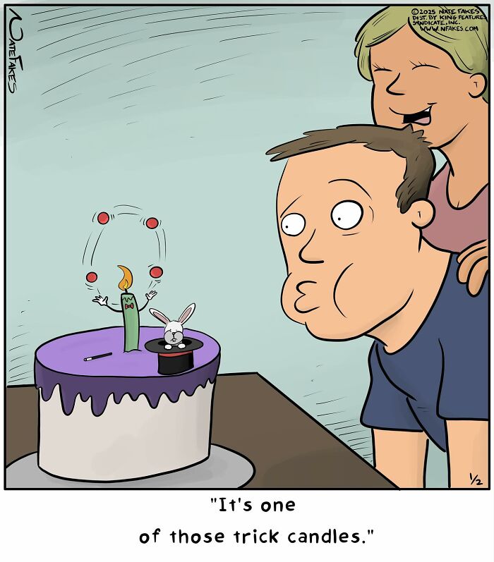 Man blowing out a witty comics trick candle on a cake while a woman watches, capturing life’s absurdities humor.