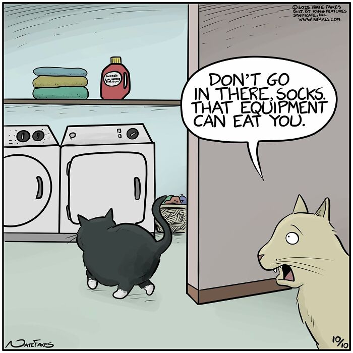 Cat comic by Nate Fakes shows talking animals humorously warning about scary household equipment.