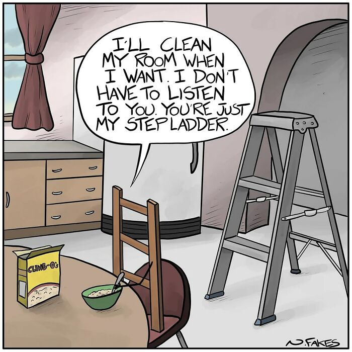 Comic panel by Nate Fakes showing a chair talking to a stepladder, highlighting life’s absurdities with humor.
