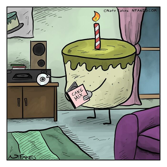 Cartoon cake character holding cake mix and inserting CD into a stereo, illustrating life's absurdities in witty comics.
