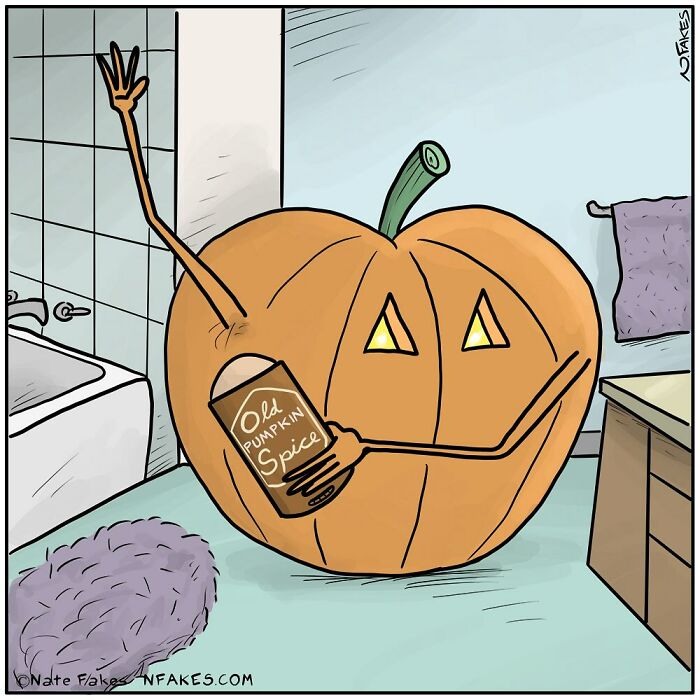 Cartoon pumpkin with arms applying Old Pumpkin Spice deodorant in a bathroom, comic illustrating life’s absurdities by Nate Fakes.