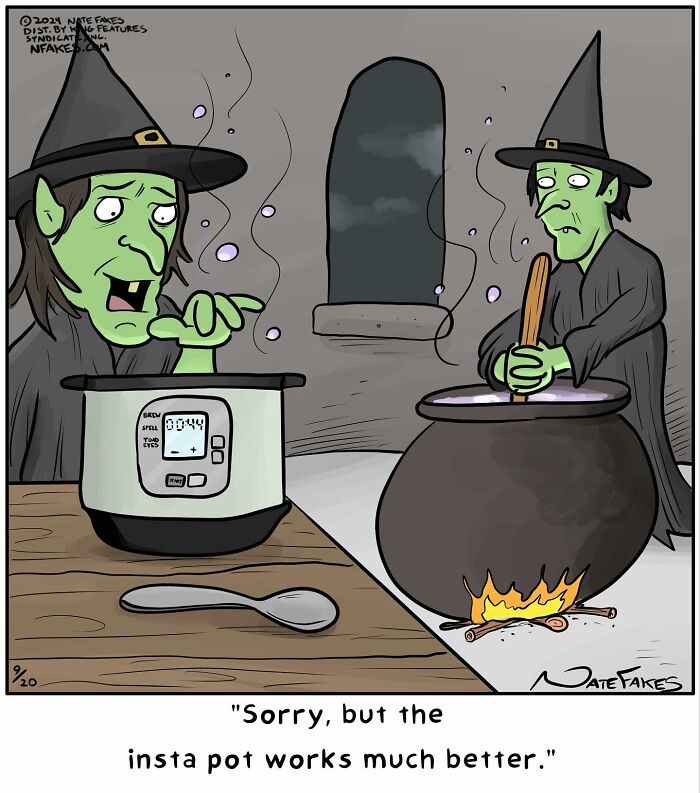 Witches comparing traditional cauldron to modern instant pot in a witty comic by Nate Fakes about life’s absurdities.