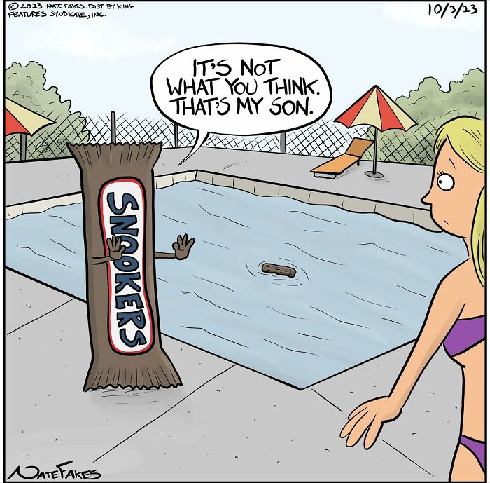 Cartoon of a Snickers bar defending a floating Snickers wrapper in a pool, showcasing witty comics by Nate Fakes.