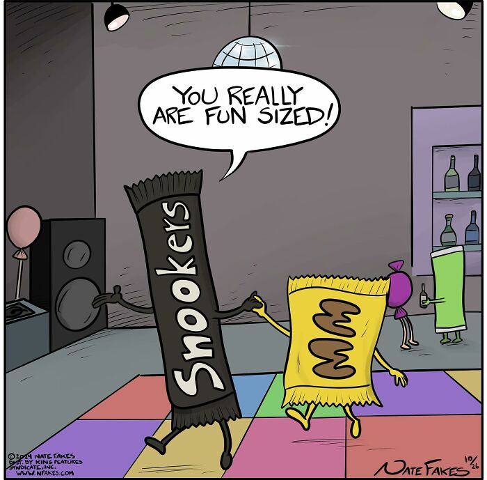 Comic by Nate Fakes shows candy bars personified, humorously highlighting life’s absurdities with witty, fun-sized characters.
