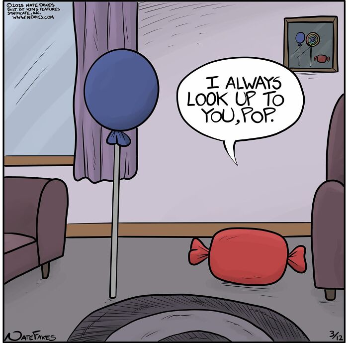 Comic by Nate Fakes showing a blue balloon looking up to a red candy with a witty life absurdity caption.