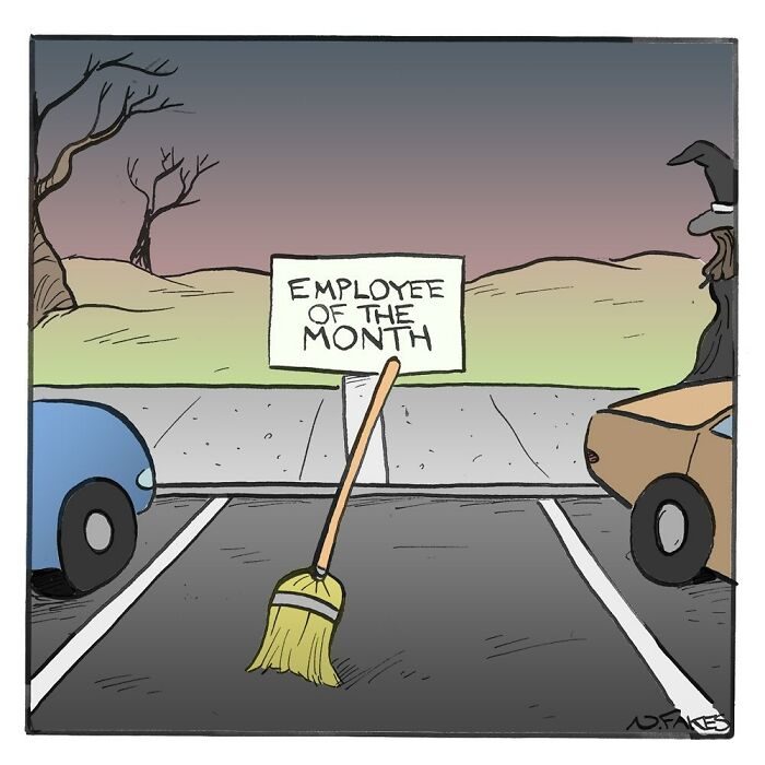 Broom standing in a parking spot with a sign employee of the month in a witty comic by Nate Fakes.